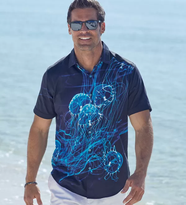 Robert Graham Deep Blue Jellyfish Short Sleeve Sport Shirt- Short Sleeve Sport Shirts